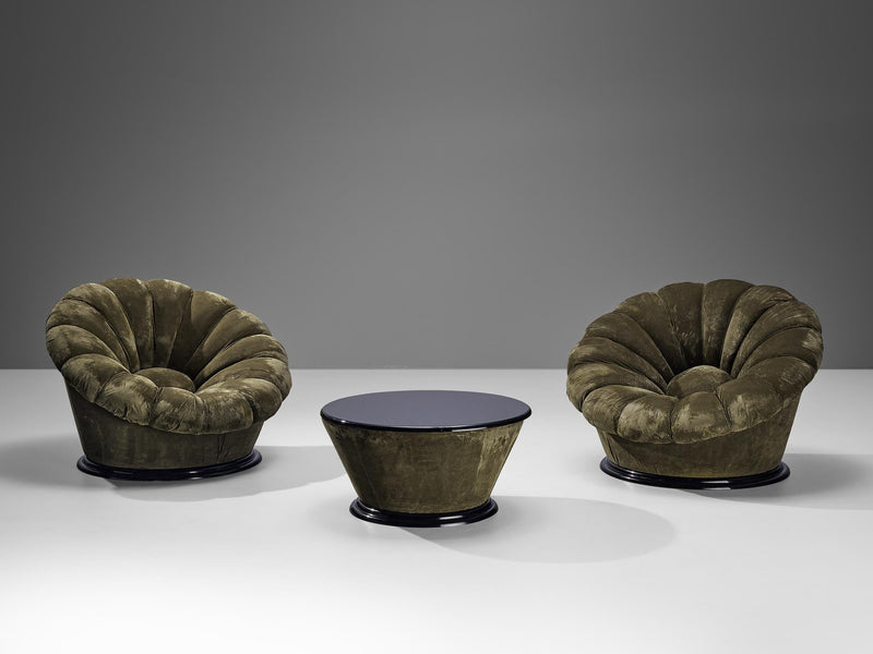 Italian Pair of Lounge Chairs with Coffee Table in Khaki Green Velvet