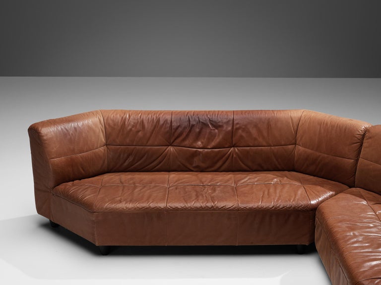 Grand Geometric Sectional Sofa in Cognac Leather
