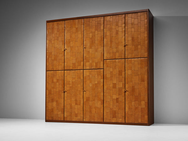 Unique Large Italian Highboard in Cognac Patchwork Leather and Birch