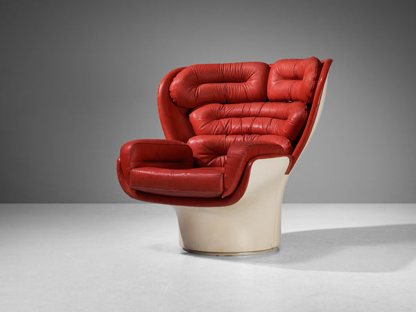 Joe Colombo for Comfort Lounge Chair 'Elda' in Red Leather and Fiberglass