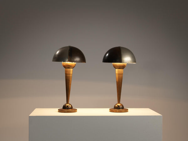 Unique Italian Art Deco Pair of Table Lamps in Brass and Bronze