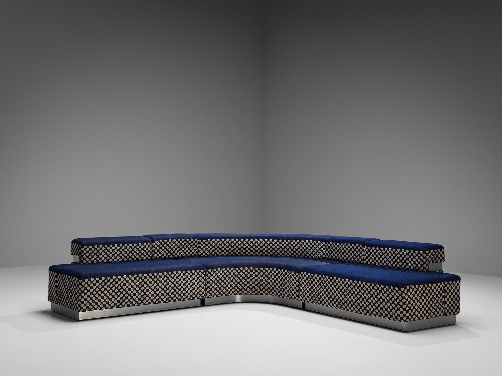 Postmodern Italian Sectional Sofa in Blue and Off-White Dots Upholstery