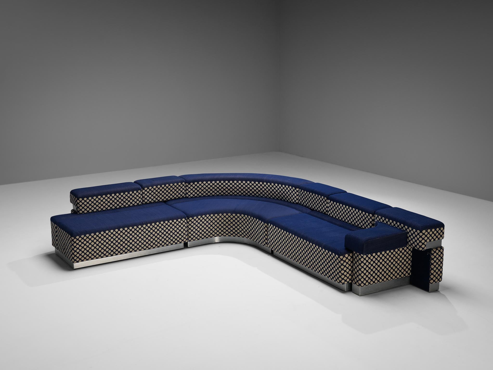 Postmodern Italian Sectional Sofa in Blue and Off-White Dots Upholstery