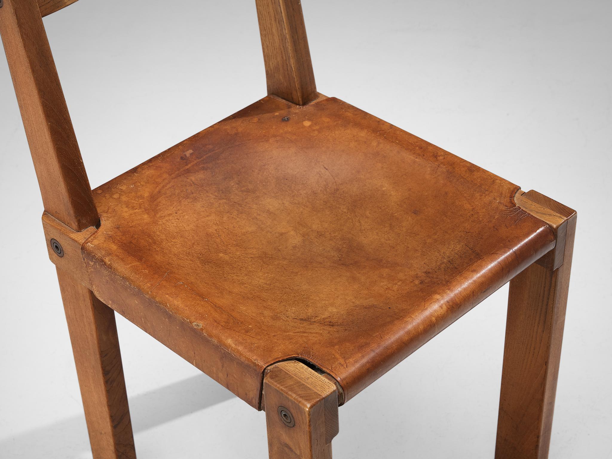 Early Pierre Chapo 'S24' Dining Chairs in Cognac Leather and Elm