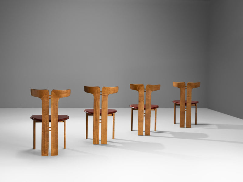 Pierre Cardin Set of Four Dining Chairs in Walnut and Red Leather