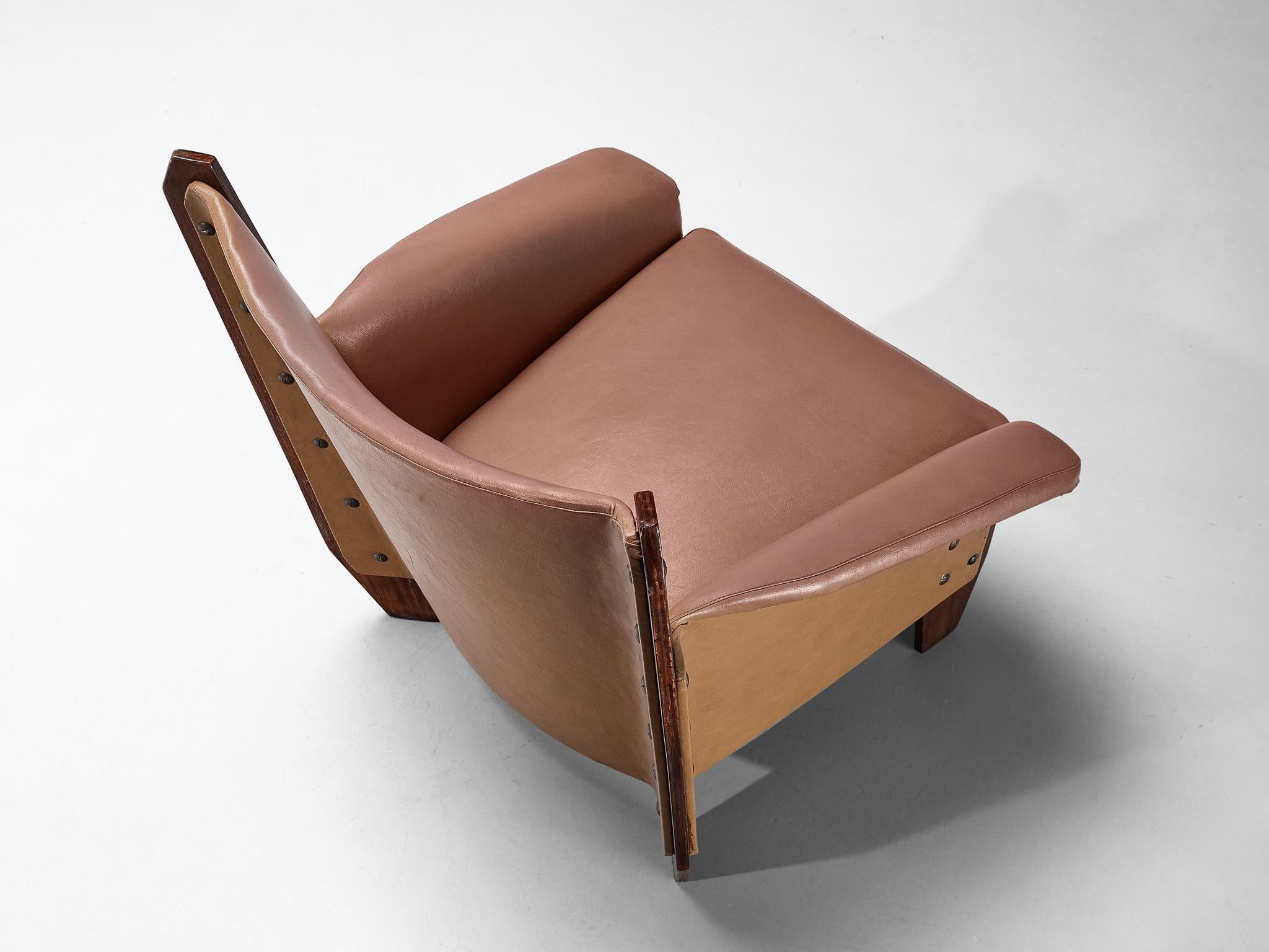 Distinct Pair of Italian Lounge Chairs in Plywood and Camel Pink Upholstery