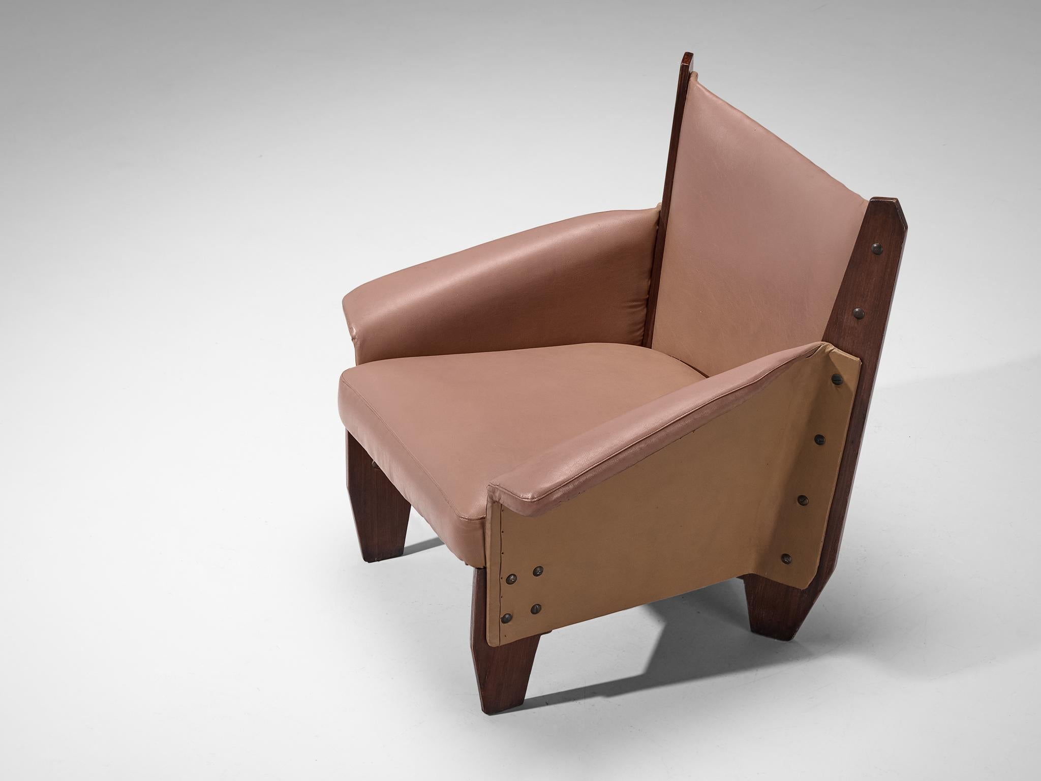 Distinct Pair of Italian Lounge Chairs in Plywood and Camel Pink Upholstery