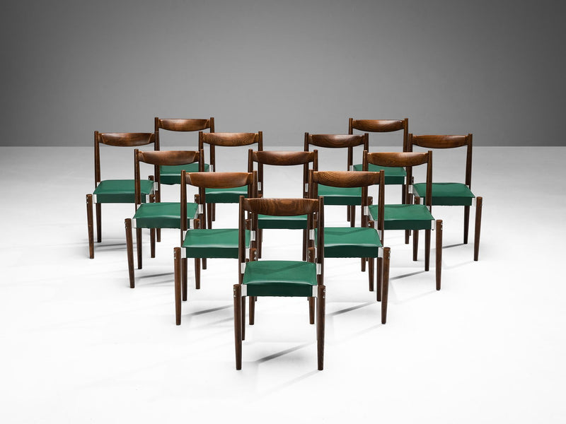 Set of Twelve Dining Chairs in Green Leatherette and Stained Wood