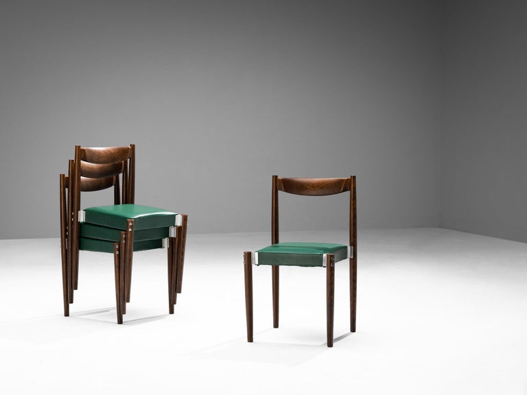 Set of Eight Dining Chairs in Green Upholstery and Stained Wood