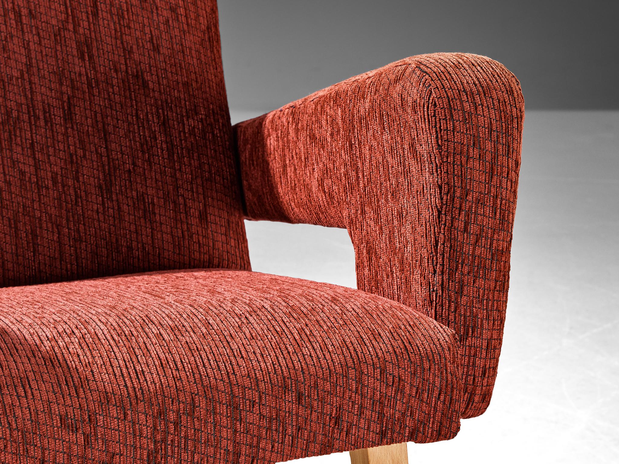 Pair of Angular Armchairs in Red Upholstery