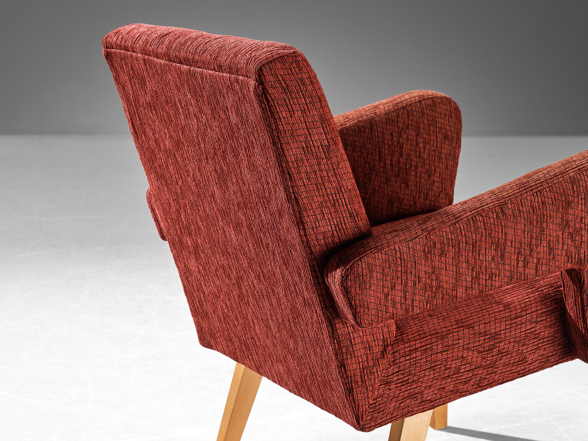 Pair of Angular Armchairs in Red Upholstery