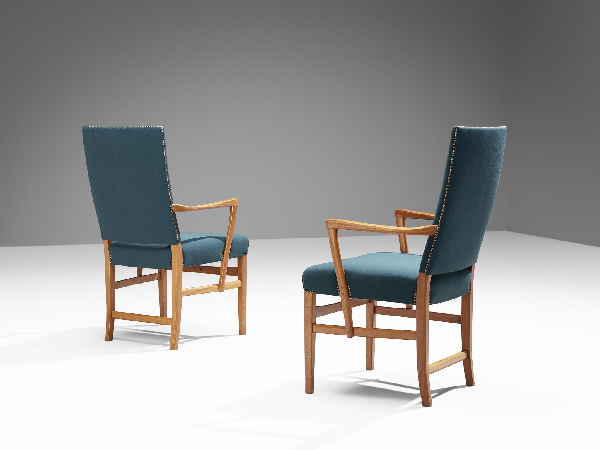 Carl Malmsten Pair of Armchairs in Teak and Green-Blue Upholstery