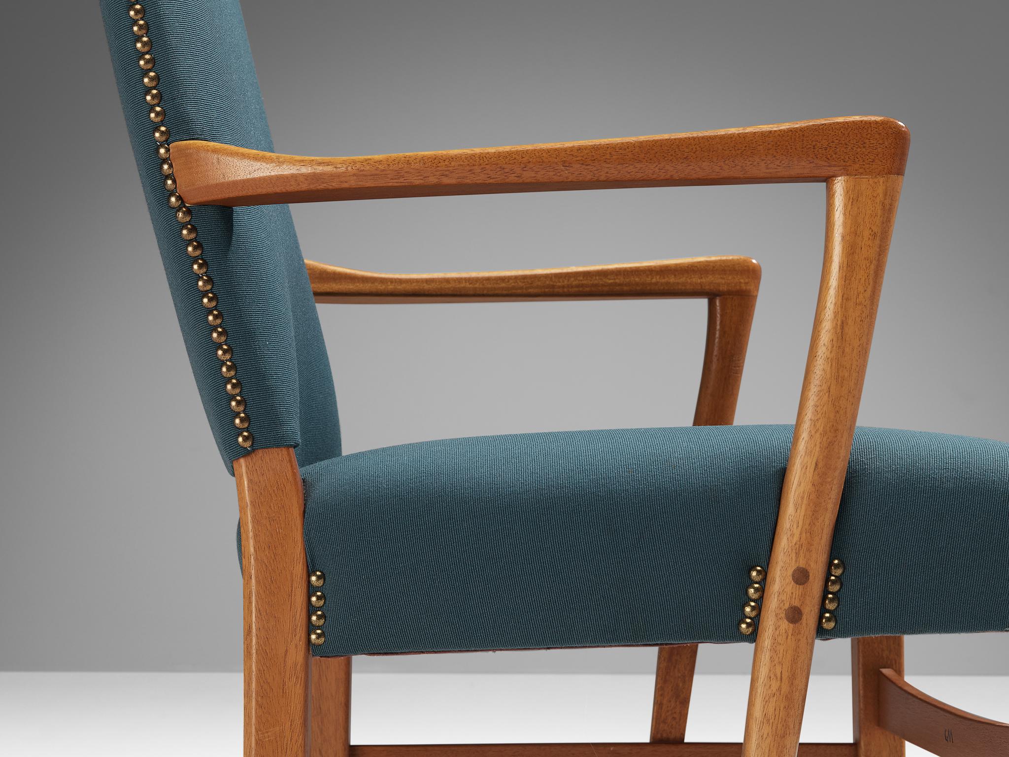 Carl Malmsten Pair of Armchairs in Teak and Green-Blue Upholstery