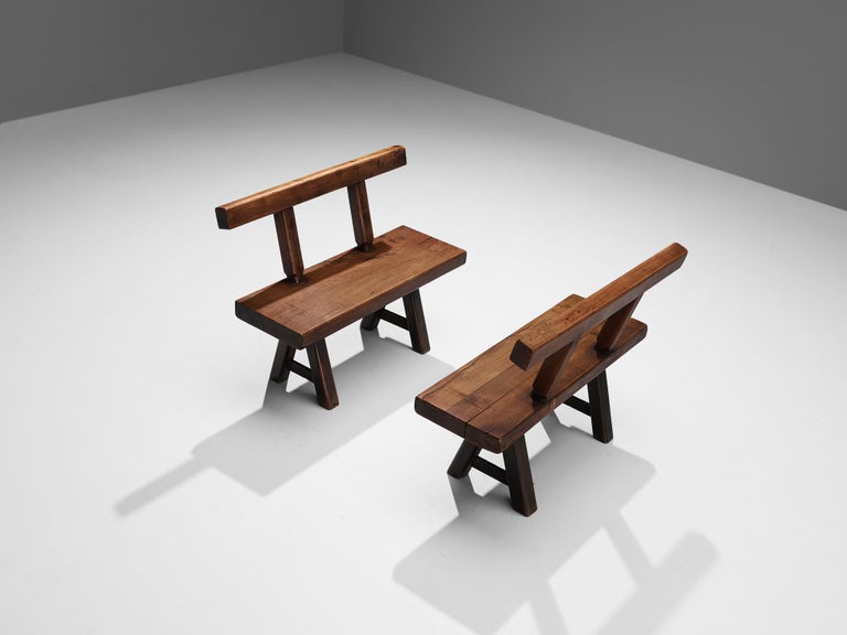 Mobichalet Brutalist Set of Table Benches and Stool in Oak