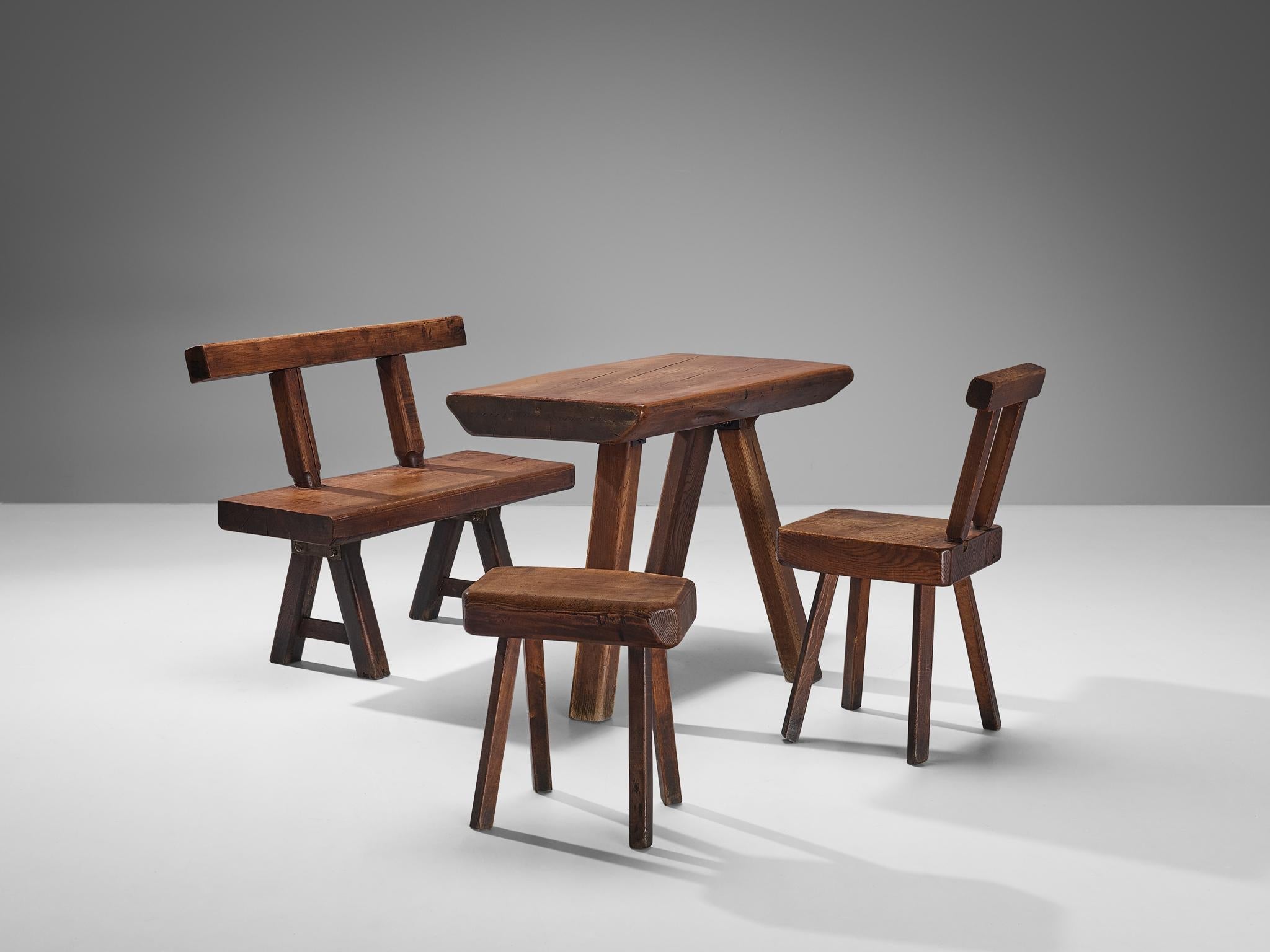 Mobichalet Brutalist Set of Tripod Table Bench Chair and Stool in Oak