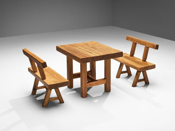 Mobichalet Brutalist Table and Benches in Warm Blond Oak