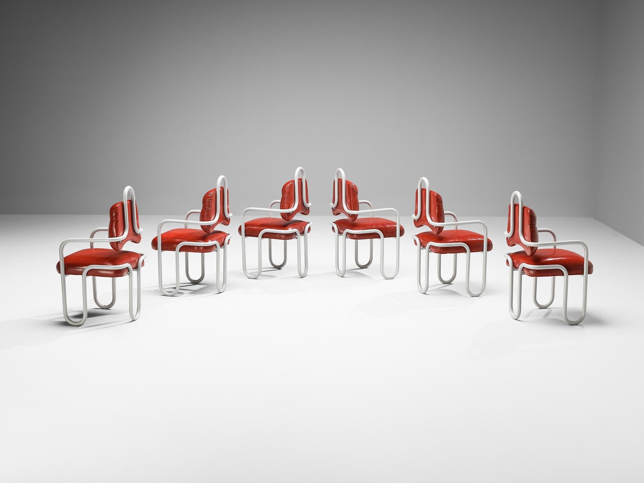 Kwok Hoi Chan for Steiner Set of Six Dining Chairs in Red Leather