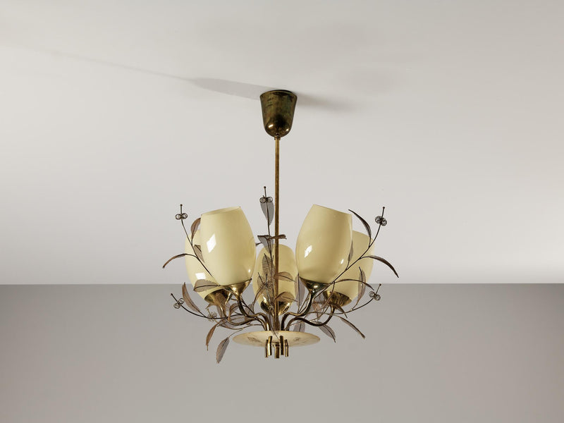 Paavo Tynell for Taito Oy 'Concerto' Chandelier in Brass and Beige Glass