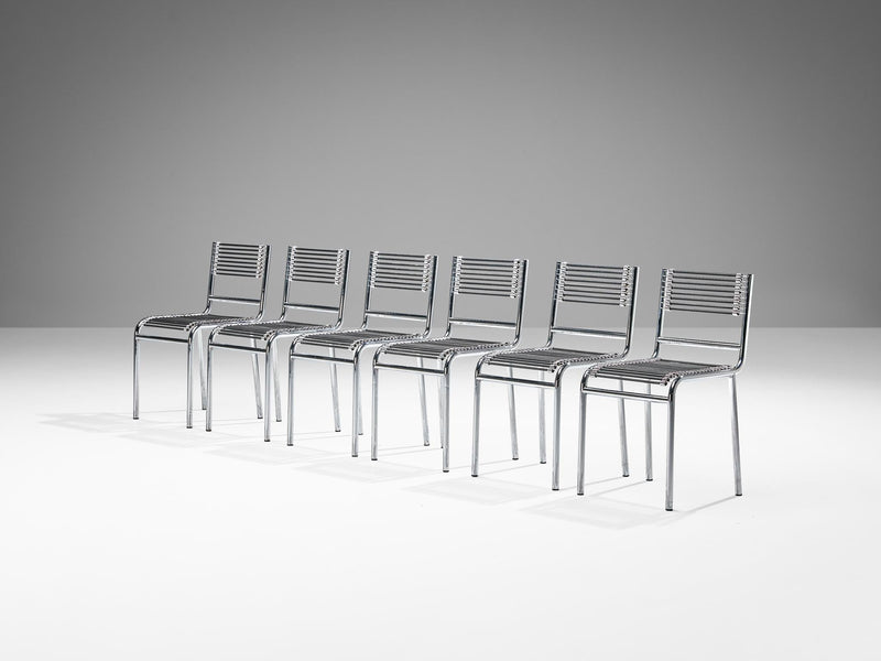 René Herbst Set of Six 'Sandows' Dining Chairs in Steel and Cord