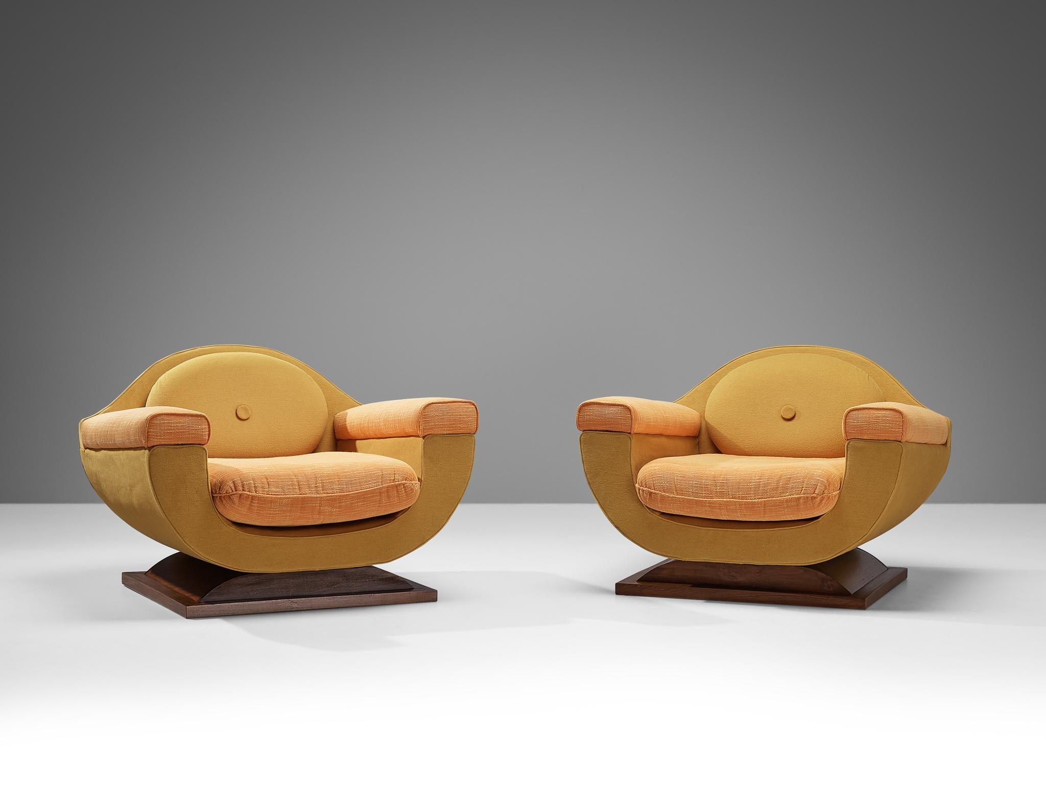 Italian Art Deco Pair of Lounge Chairs in Orange Yellow Upholstery