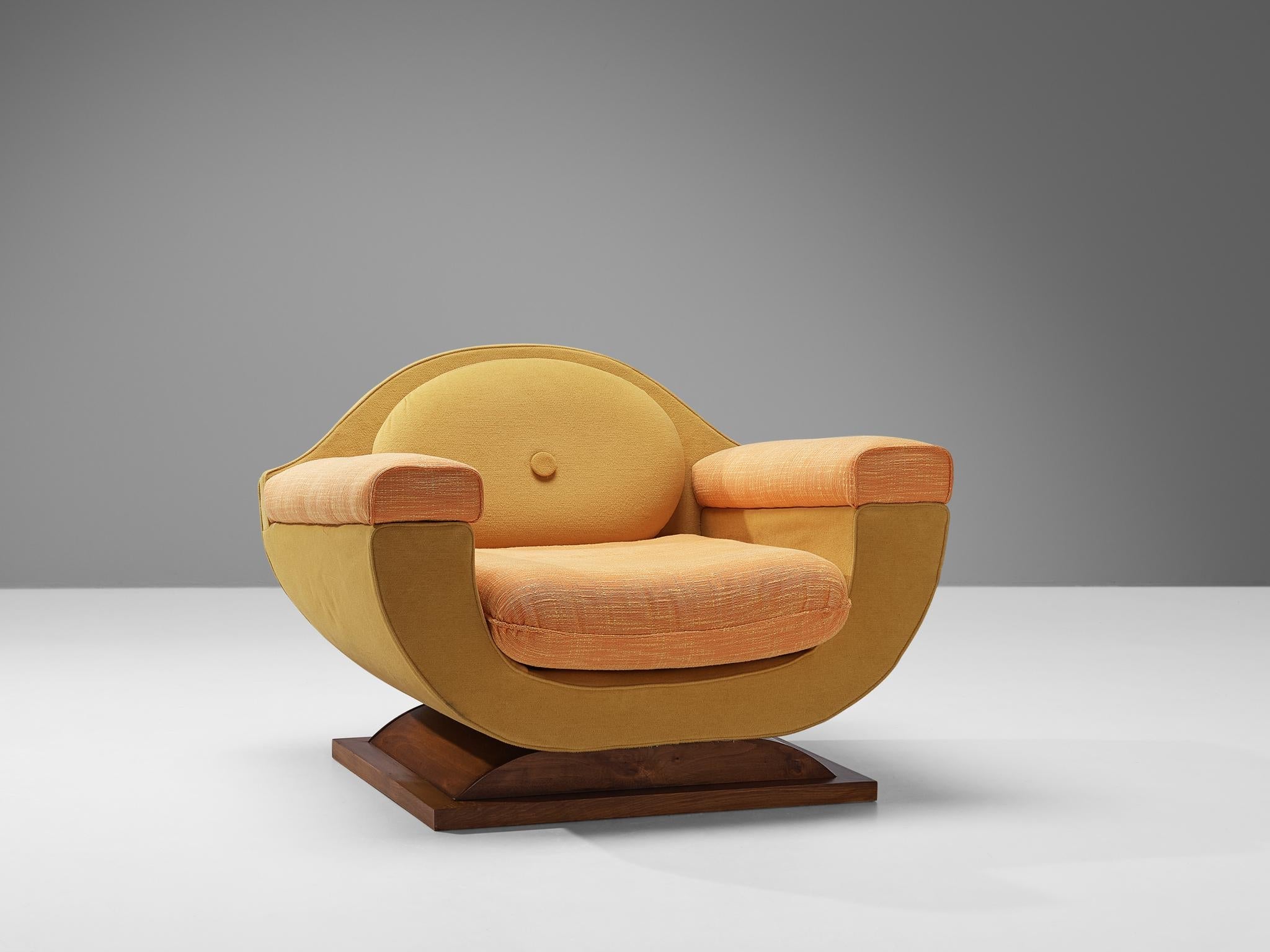 Italian Art Deco Pair of Lounge Chairs in Orange Yellow Upholstery