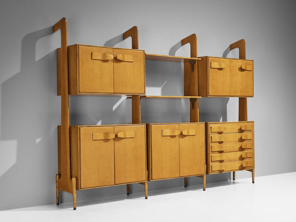 Unique Midcentury Large Italian Bookcase in Cherry and Brass