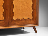 Unique Italian Highboard in Walnut and Birch with Carved Scalloped Front