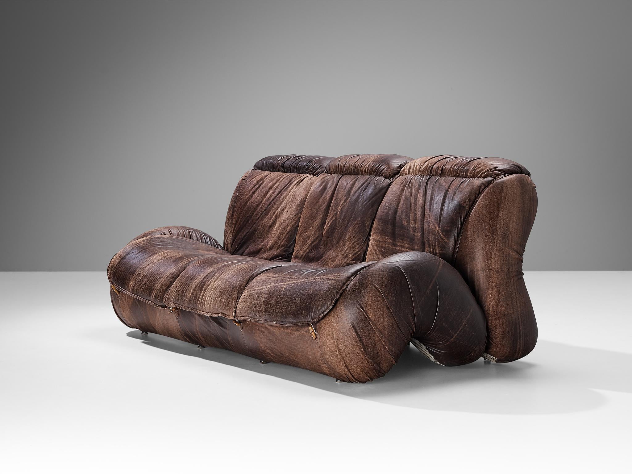 Italian Organic Shaped Sofa in Brown Patinated Leather