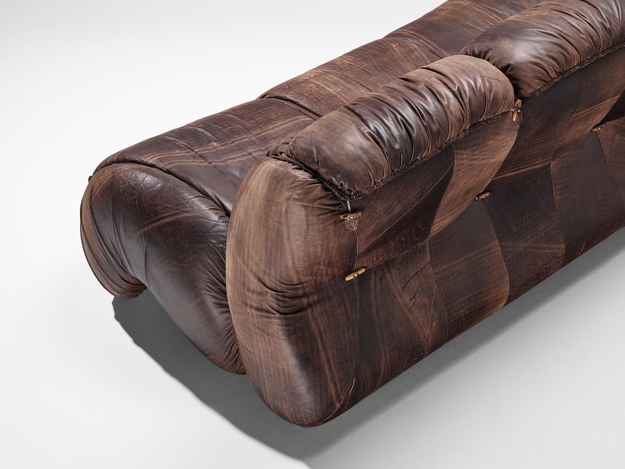 Italian Organic Shaped Sofa in Brown Patinated Leather