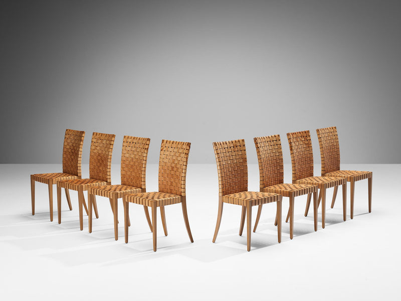 Italian Set of Eight Dining Chairs in Braided Brown Leather