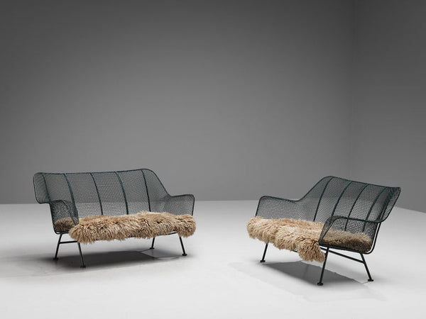 Russell Woodard 'Sculptura' Patio Benches in Dark Green Lacquered Metal
