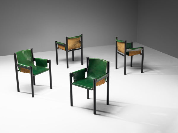 Ibisco Italian Set of Four Armchairs in Green Leather