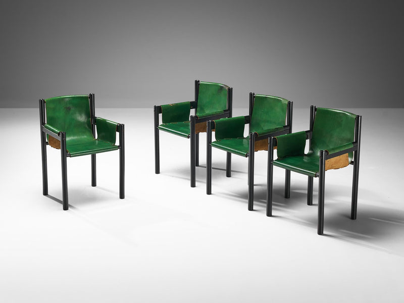 Ibisco Italian Set of Four Armchairs in Green Leather