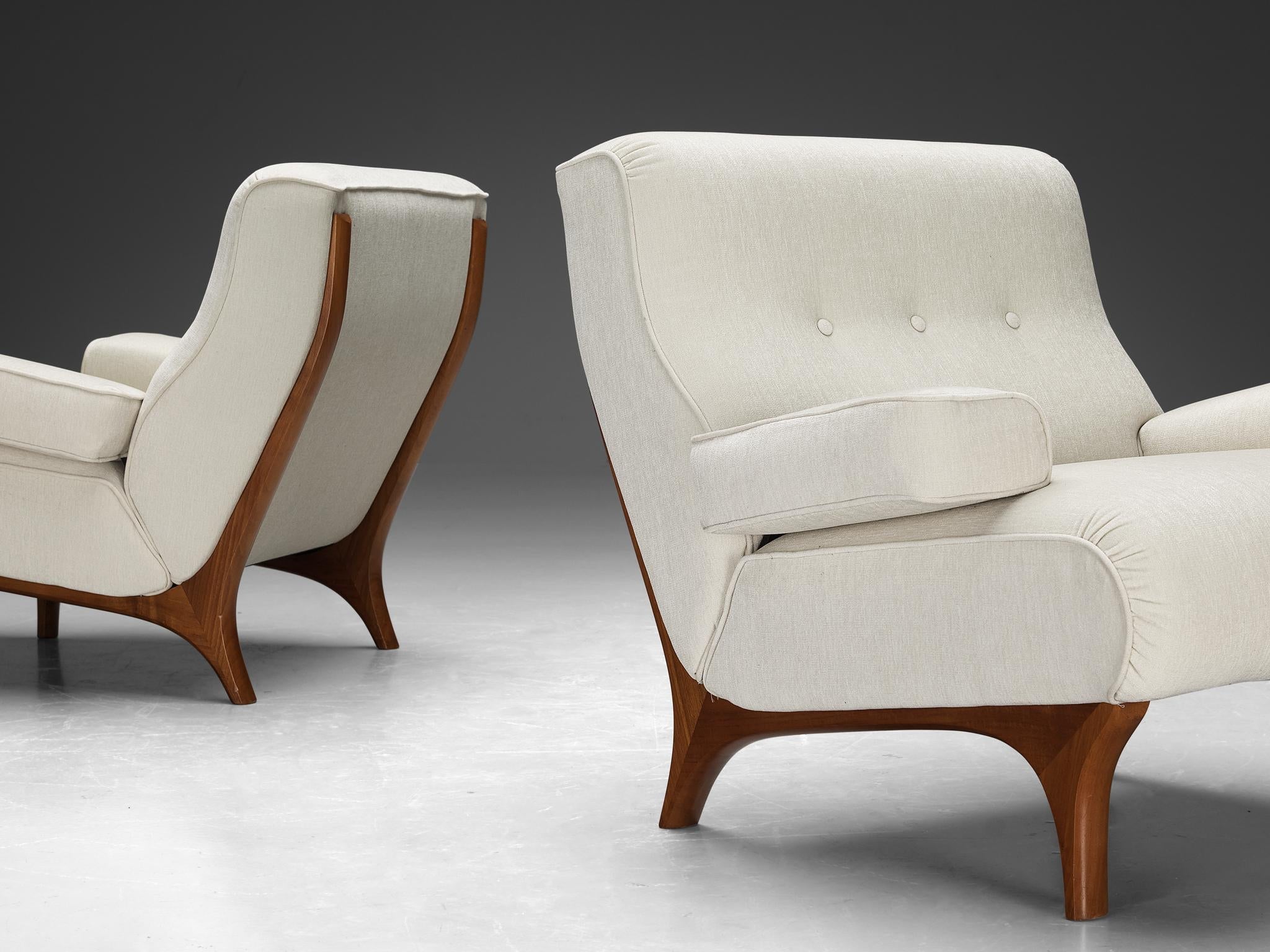 Eugenio Gerli for Tecno Pair of Lounge Chairs in Walnut and Chenille