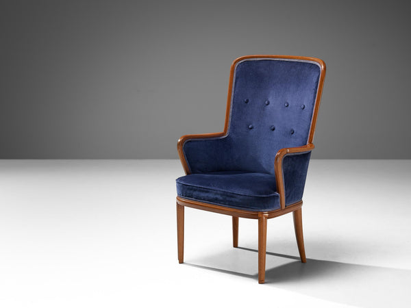 Carl Malmsten High Back Chair in Mahogany and Blue Upholstery
