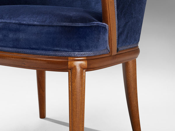 Carl Malmsten High Back Chair in Mahogany and Blue Upholstery