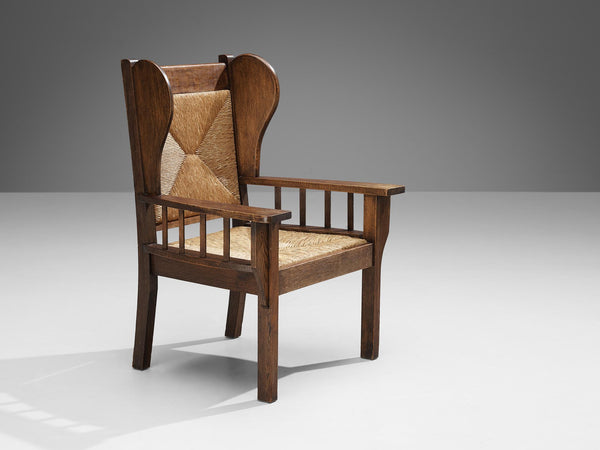 Monumental Armchair in Oak and Rush