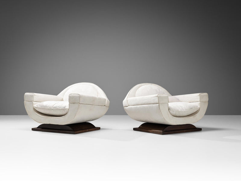 Italian Art Deco Pair of Lounge Chairs in Off-White Yellow Upholstery