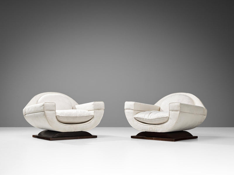 Italian Art Deco Pair of Lounge Chairs in Off-White Yellow Upholstery
