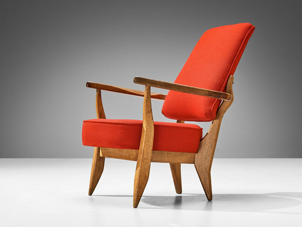 Guillerme & Chambron Lounge Chair in Oak and Red Upholstery