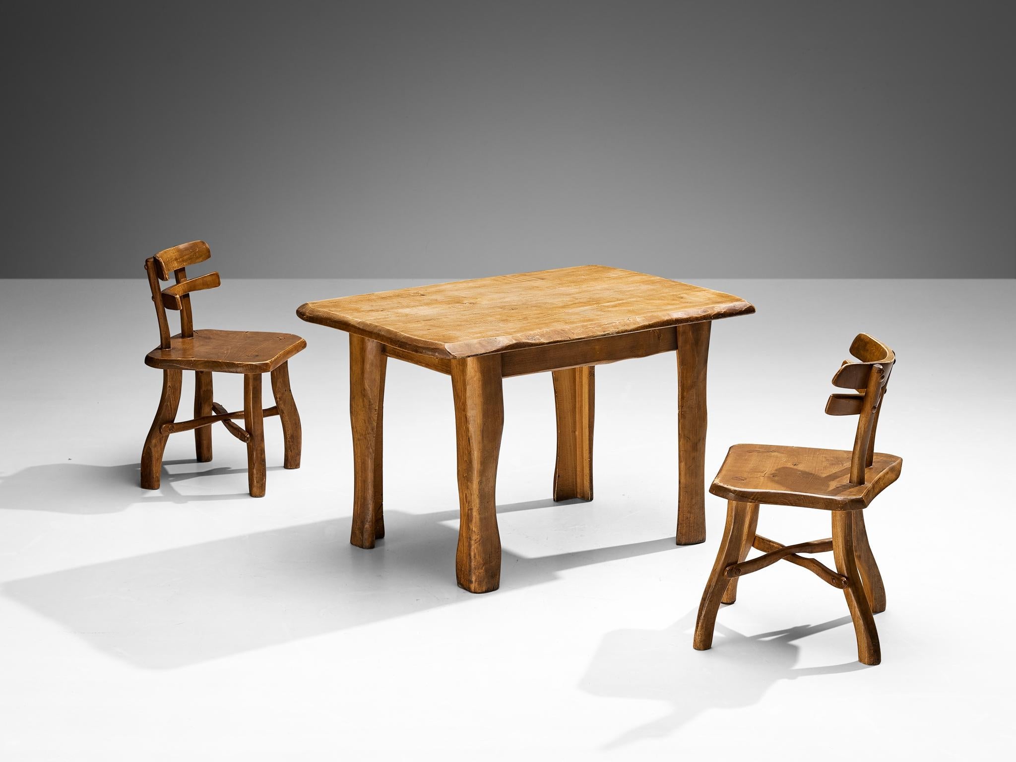 Organic Brutalist Set of Dining Table and Pair of Chairs in Maple