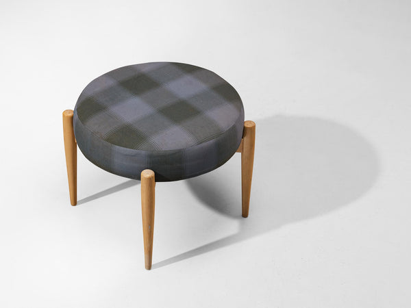 Danish Stool with Blond Wooden Frame and Checkered Upholstery