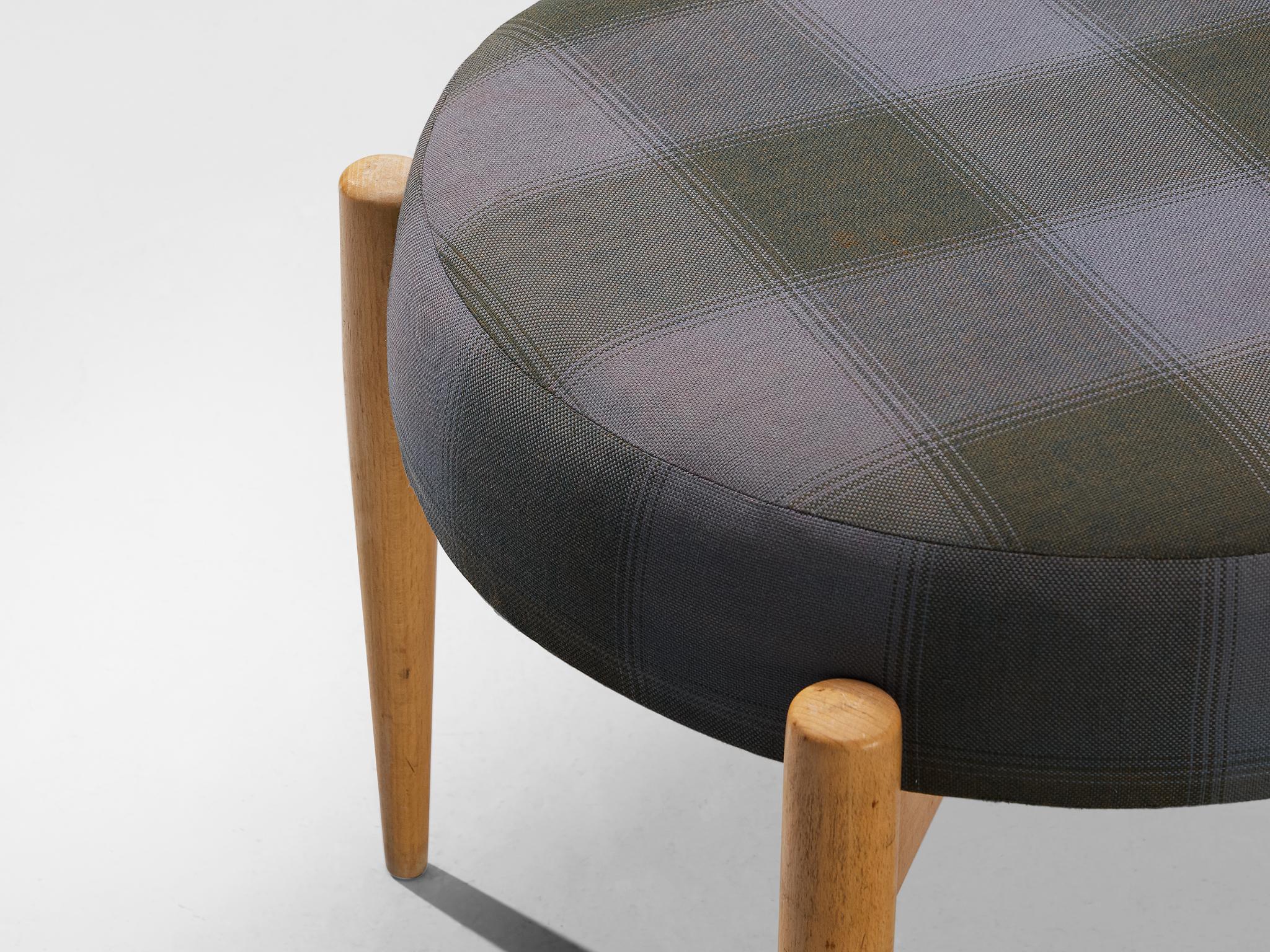Danish Stool with Blond Wooden Frame and Checkered Upholstery