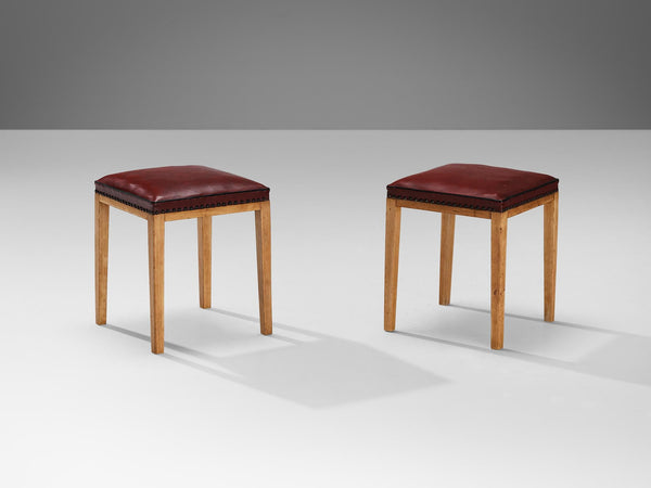 Danish Pair of Stools in Red Upholstery and Wood