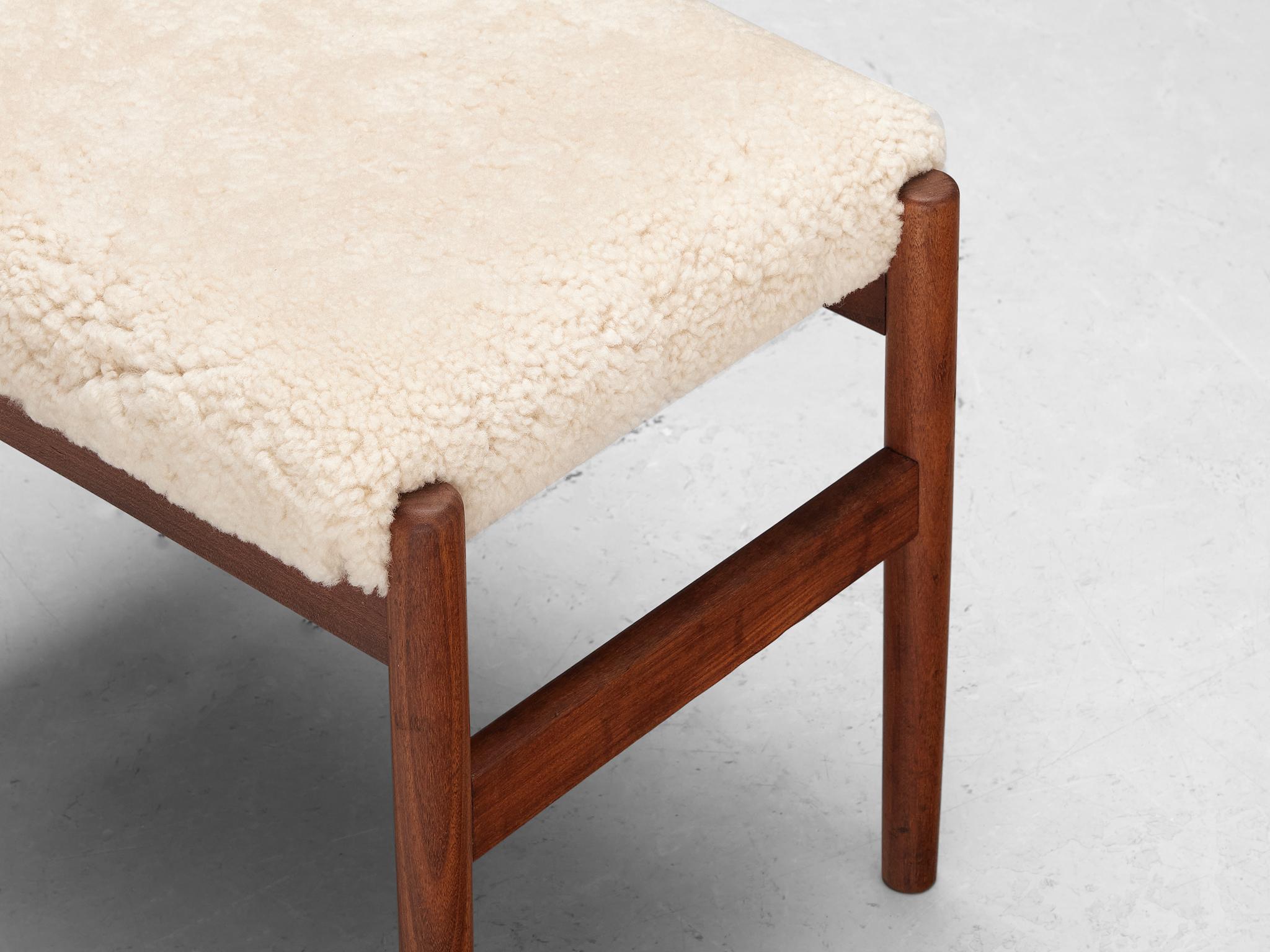 Scandinavian Stools in Teak and Shearling Upholstery