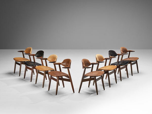 Set of Eight ‘Bullhorn’ Armchairs in Teak and Leather