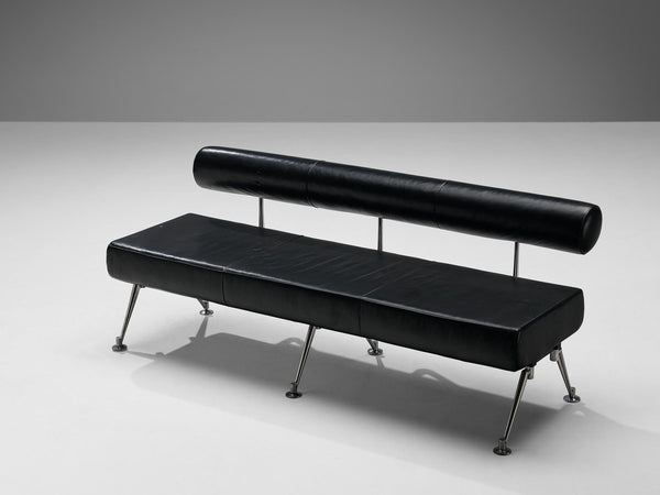 Minimalist Modern Sofa with Metal Frame and Black Leather