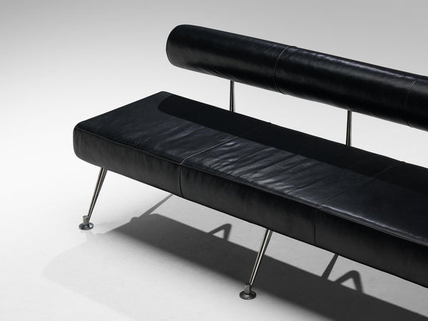 Minimalist Modern Sofa with Metal Frame and Black Leather