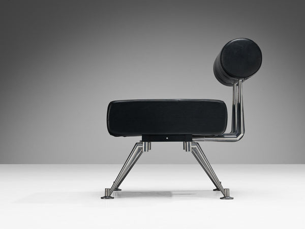 Minimalist Modern Lounge Chair with Metal Frame and Black Leather
