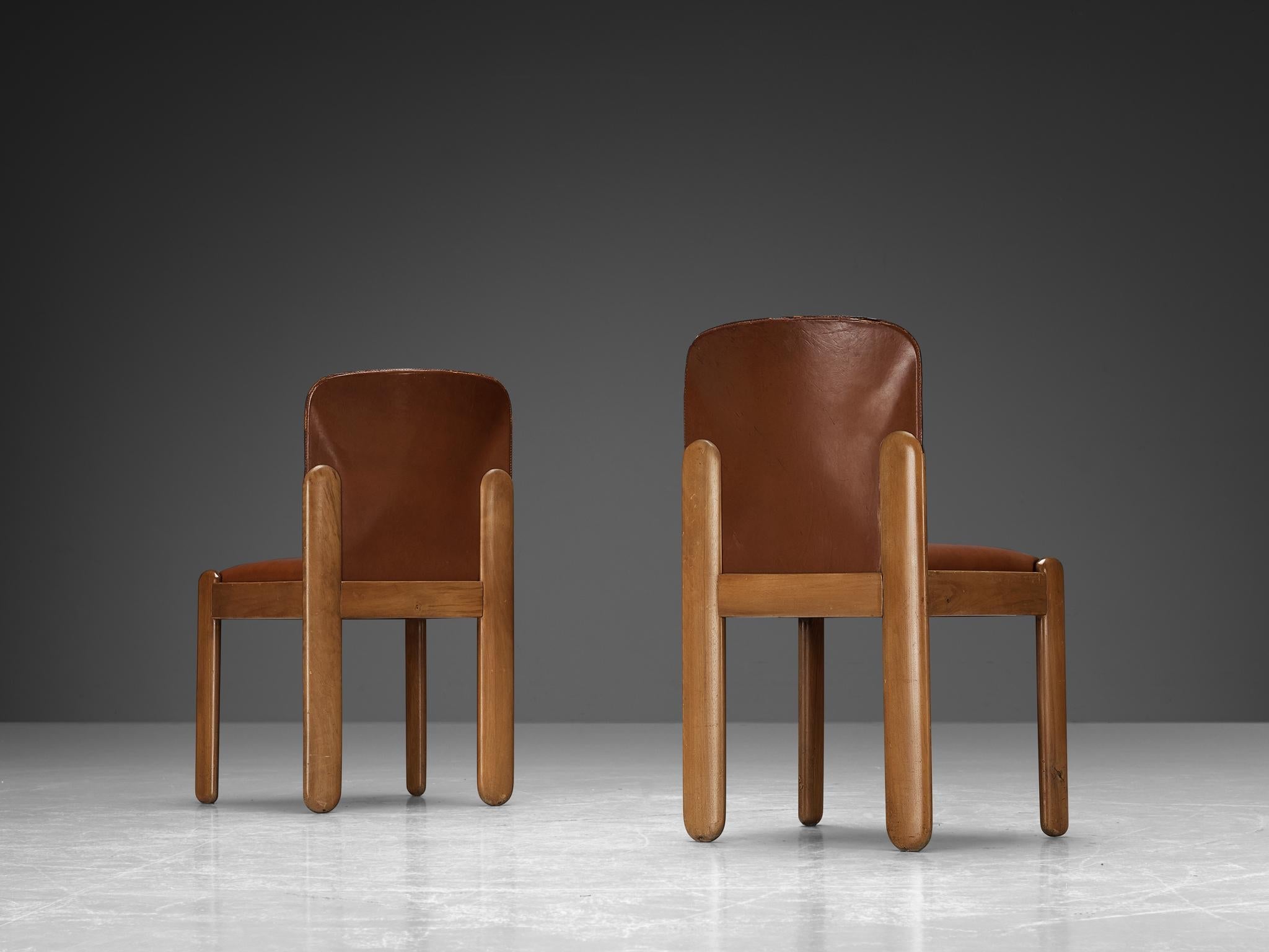 Silvio Coppola for Bernini Pair of Dining Chairs in Brown Leather & Walnut